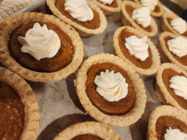 A tray of mini pumpkin tarts on the counter, each one finished with a swirl of whipped cream.